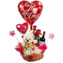 Cesta para Regalo con Rosas Peluche Vino Globos y Chocolates.