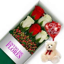 Caja de 6 Rosas Mix Rojas y Blancas más Peluche y Globo
