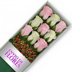 Caja de 9 Rosas Mix Rosadas y Blancas