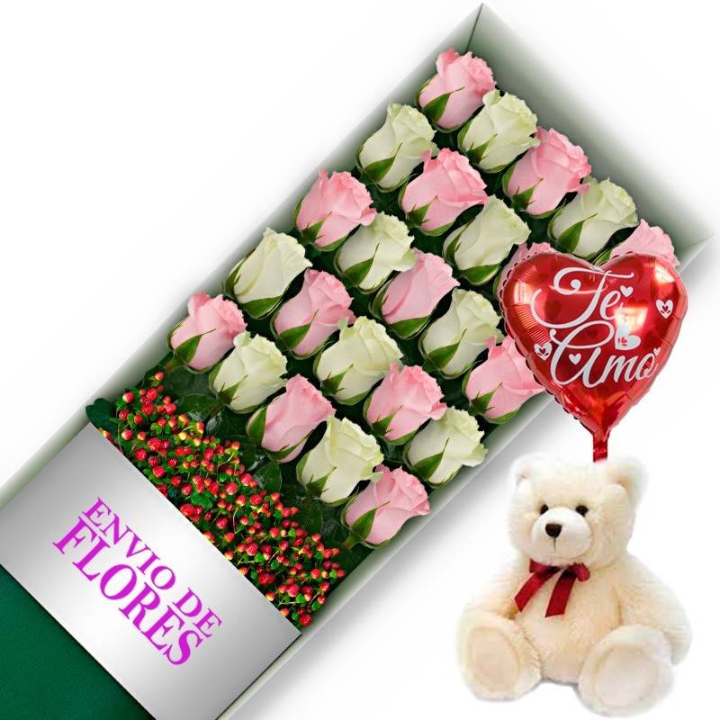 Caja de 24 Rosas Mix Rosadas y Blancas + Peluche y Globo