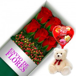 CAJA DE 6 ROSAS ROJAS MAS PELUCHE Y GLOBO DÍA DE LA MADRE