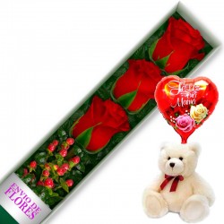 CAJA DE 3 ROSAS ROJAS MAS PELUCHE Y GLOBO DÍA DE LA MADRE