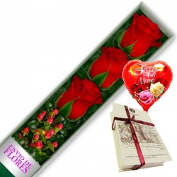 CAJA DE 3 ROSAS ROJAS MAS CHOCOLATE Y GLOBO DÍA DE LA MADRE