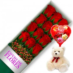 CAJA DE 12 ROSAS ROJAS MAS PELUCHE Y GLOBO DÍA DE LA MADRE