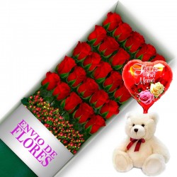 CAJA DE 24 ROSAS ROJAS MAS PELUCHE Y GLOBO DÍA DE LA MADRE