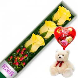 CAJA DE 3 ROSAS AMARILLAS MAS PELUCHE Y GLOBO DÍA DE LA MADRE