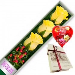 CAJA DE 3 ROSAS AMARILLAS MAS CHOCOLATE Y GLOBO DÍA DE LA MADRE