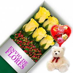 CAJA DE 6 ROSAS AMARILLAS MAS PELUCHE Y GLOBO DÍA DE LA MADRE