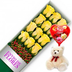 CAJA DE 12 ROSAS AMARILLAS MAS PELUCHE Y GLOBO DÍA DE LA MADRE