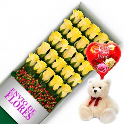 CAJA DE 24 ROSAS AMARILLAS MAS PELUCHE Y GLOBO DÍA DE LA MADRE