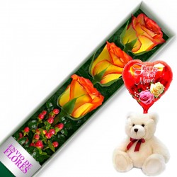 CAJA DE 3 ROSAS CIRCUS MAS PELUCHE Y GLOBO DÍA DE LA MADRE