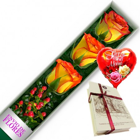 CAJA DE 3 ROSAS CIRCUS MAS CHOCOLATE Y GLOBO DÍA DE LA MADRE